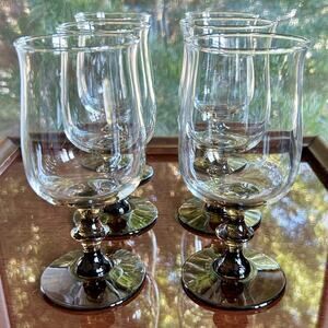 Set of 6 Libbey Stemmed Tulip Glasses Smoky Base 6.5” Vintage Goblets